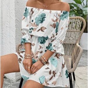 SHEIN Teal and Brown Floral Off-Shoulder Mini Dress